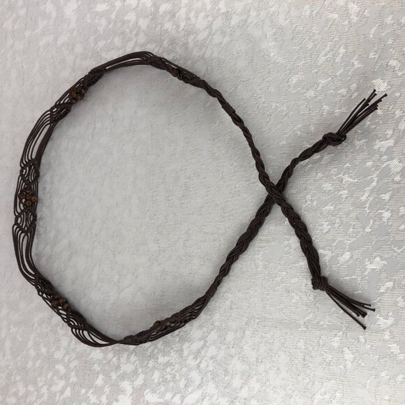 Macrame Brown Bohemian 54” Knotted Cord Belt with Brown Beads and End Tassels - Picture 2 of 8
